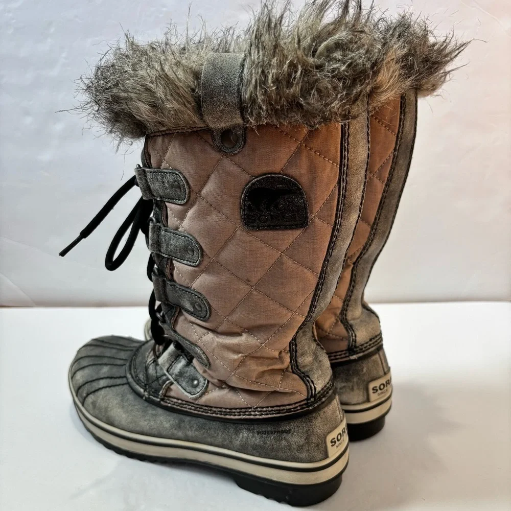 Sorel Tofino Gray Tan Waxed Canvas Leather outdoor Waterproof Snow Boots Sz 8.5